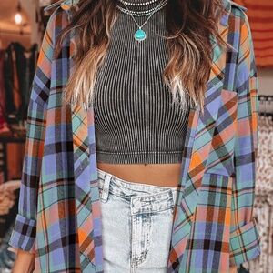 B206 Orange Plaid Print Loose Vintage Shirt